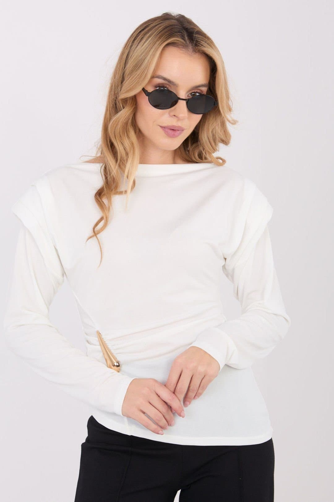 Love Lace Love Lace Women's Ruched Shoulder Boat Neck Blouse in Off-White