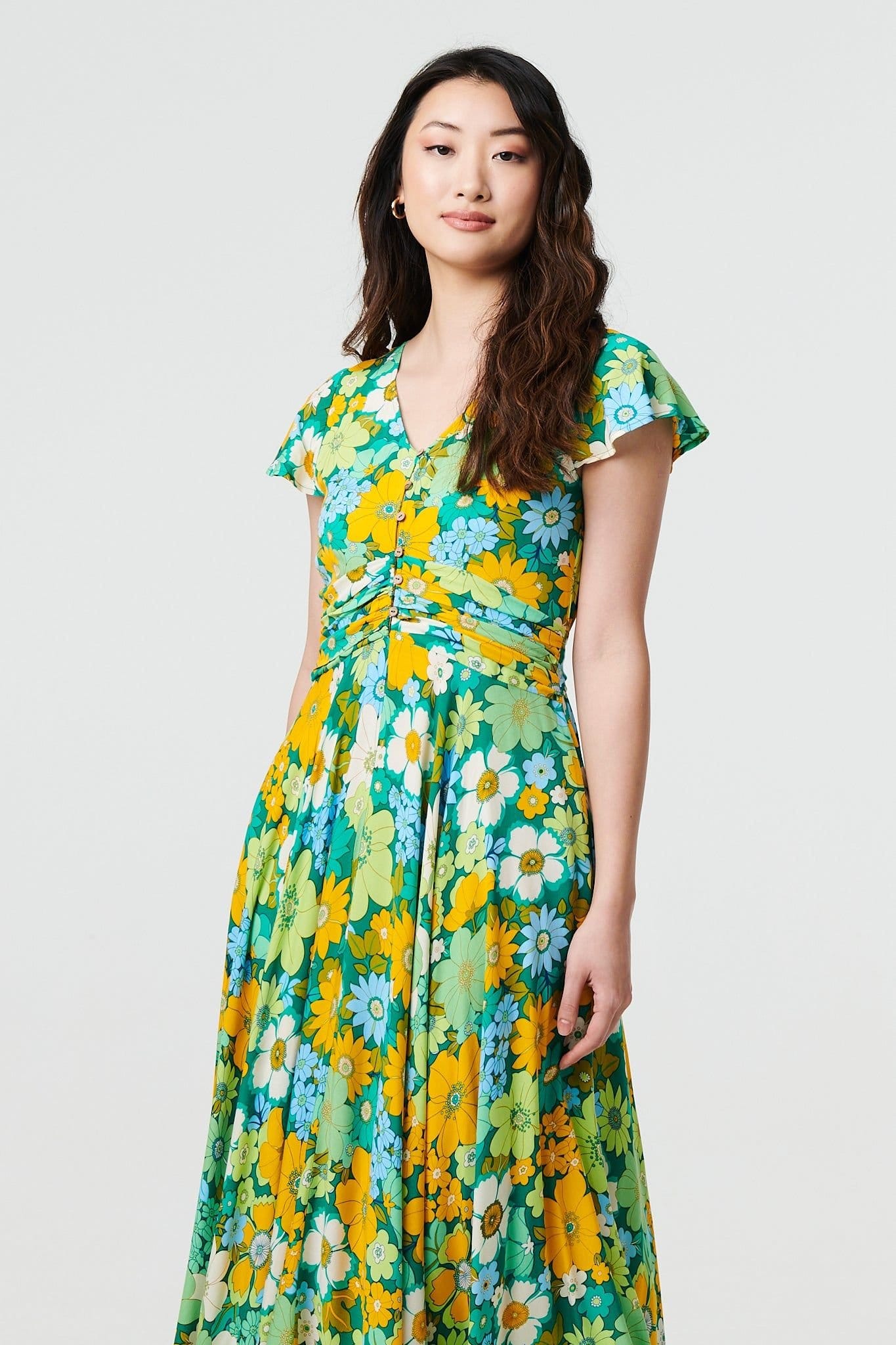 Izabel London Izabel London Women's Floral Ruched Cap Sleeve Maxi Dress in Green - 4
