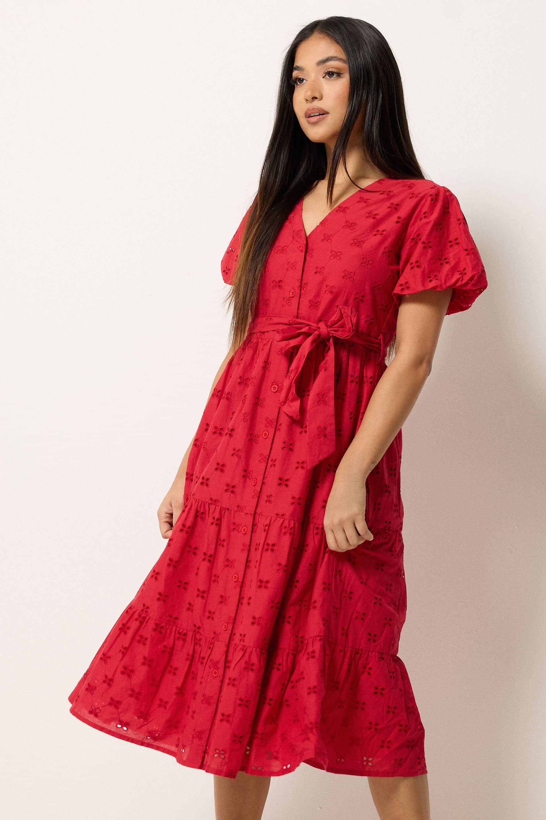 M&Co M&Co Red Broderie Button Through Midi Dress
