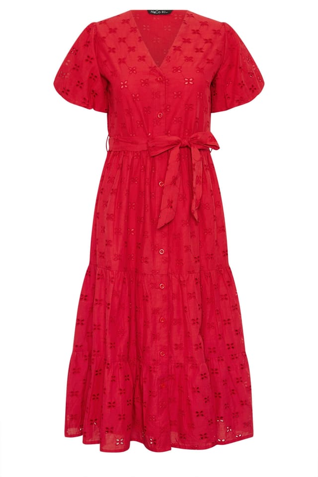 M&Co M&Co Women's Broderie Button Through Midi Dress in Red - 2