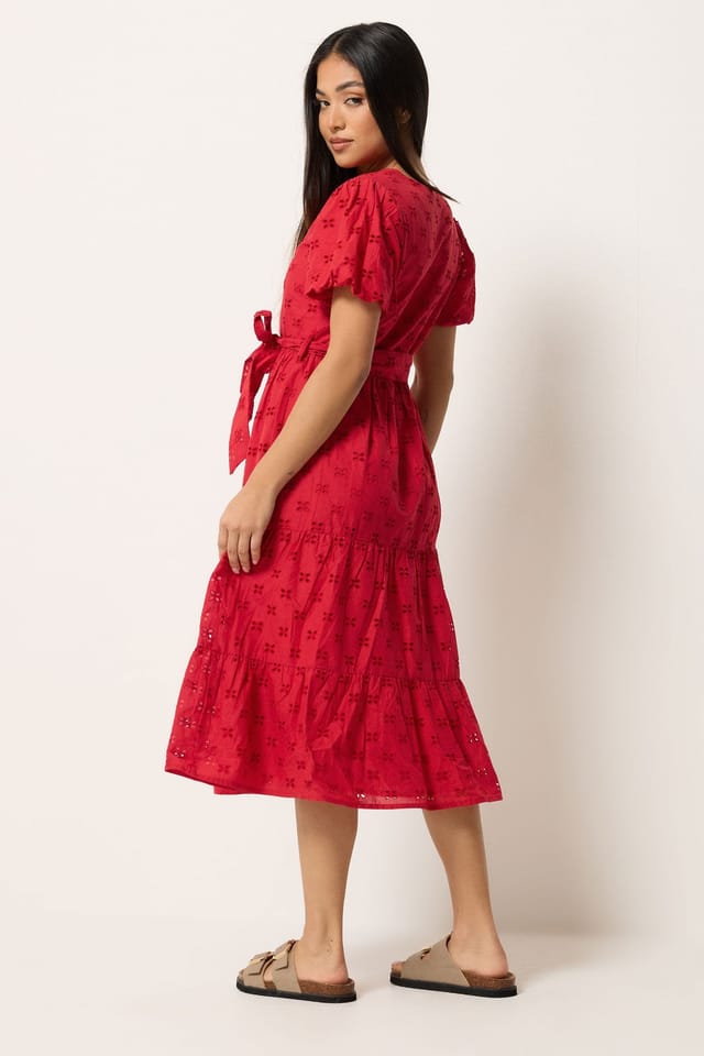 M&Co M&Co Women's Broderie Button Through Midi Dress in Red - 3