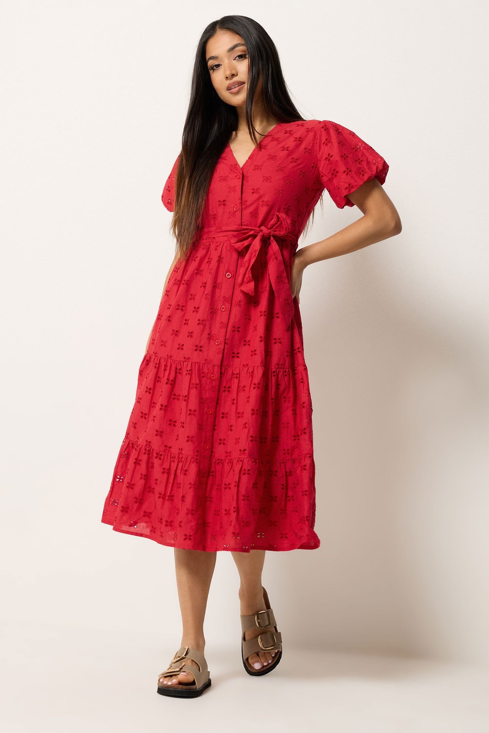 M&Co M&Co Women's Broderie Button Through Midi Dress in Red - 4