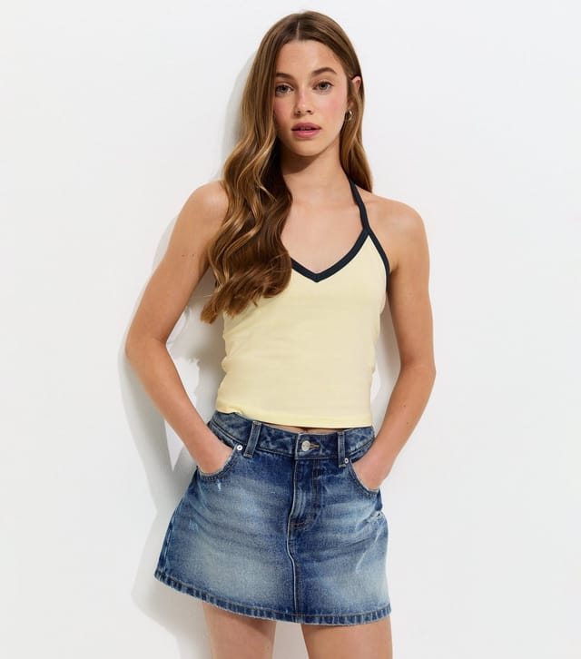 New Look Girls' Light Yellow Cotton Rich Contrast Trim Halter Top New Look - 2