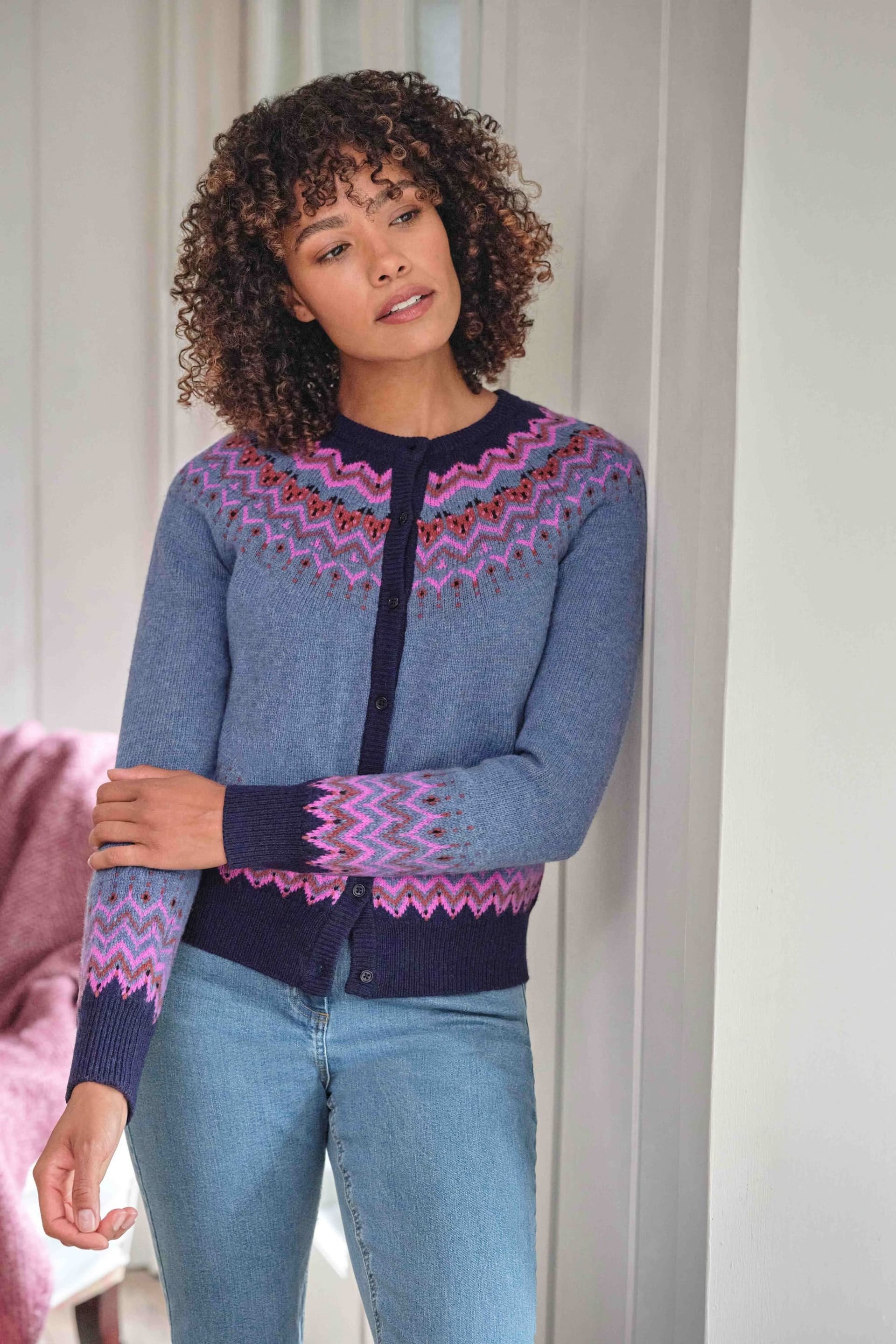 WoolOvers WoolOvers Women's Nordic Fairisle Yoke Cardigan in Dark Navy