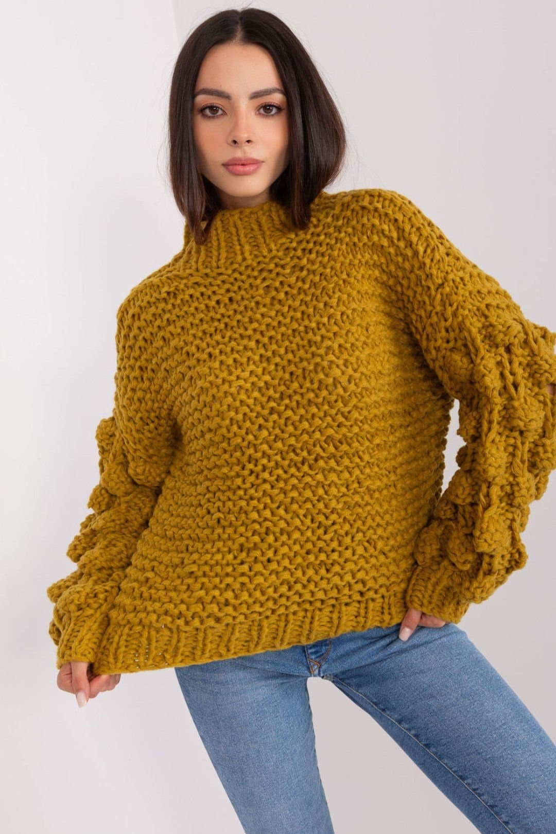 Love Lace Love Lace Women's Soft Polyester Puff Sleeve Round Neck Sweater Style 186593 in Mustard