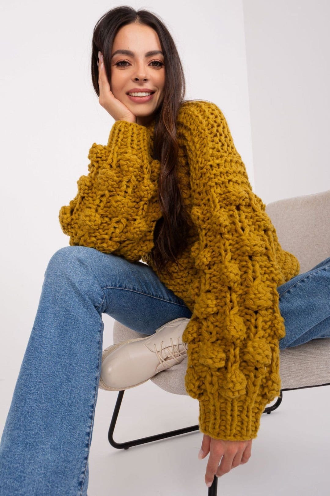 Love Lace Love Lace Women's Soft Polyester Puff Sleeve Round Neck Sweater Style 186593 in Mustard - 4
