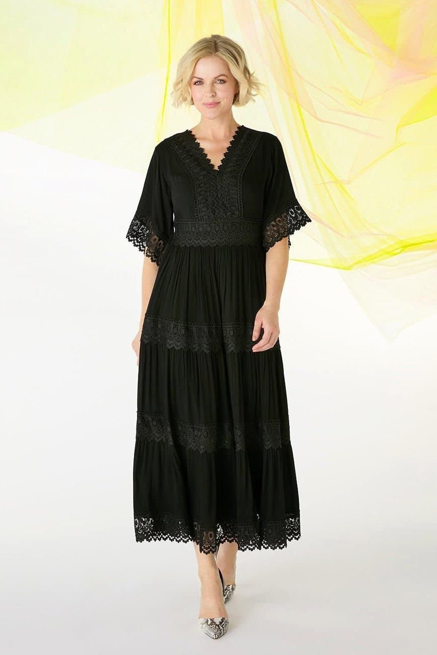 Izabel London Izabel London Women's Short Sleeve Crochet Maxi Dress in Black