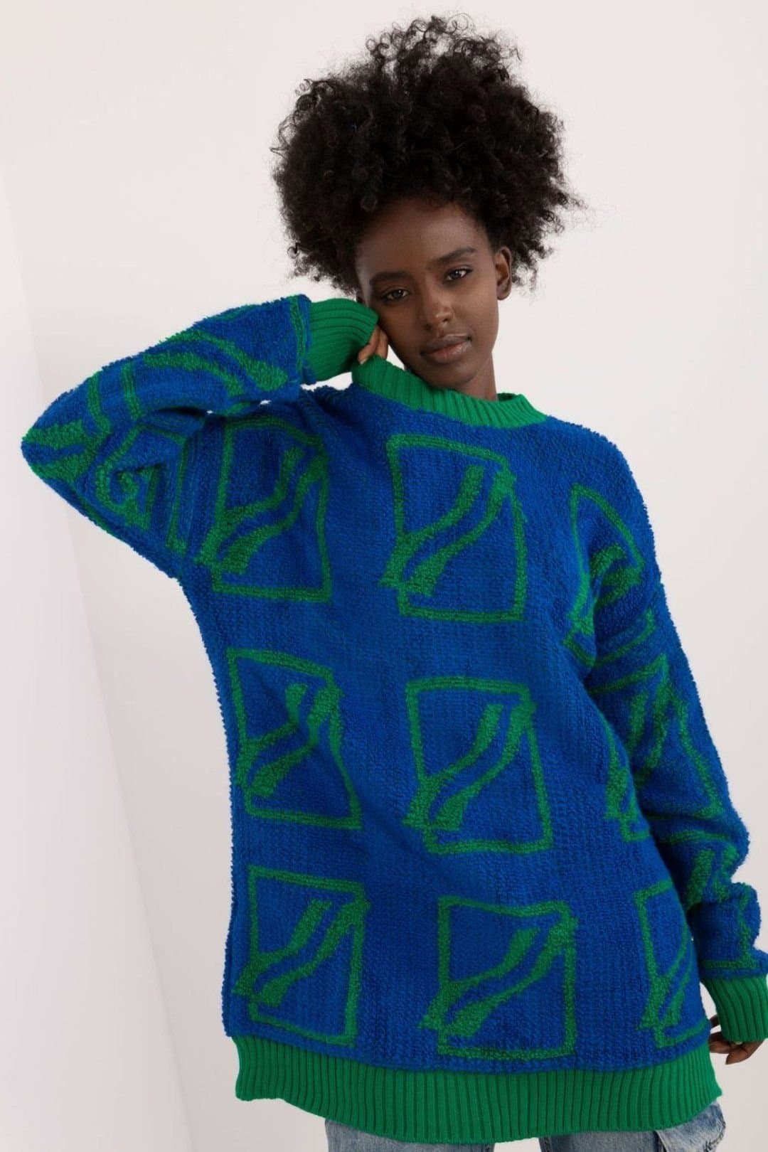 Love Lace Love Lace Women's Extended Fit Acrylic Wool Sweater with Print in Blue