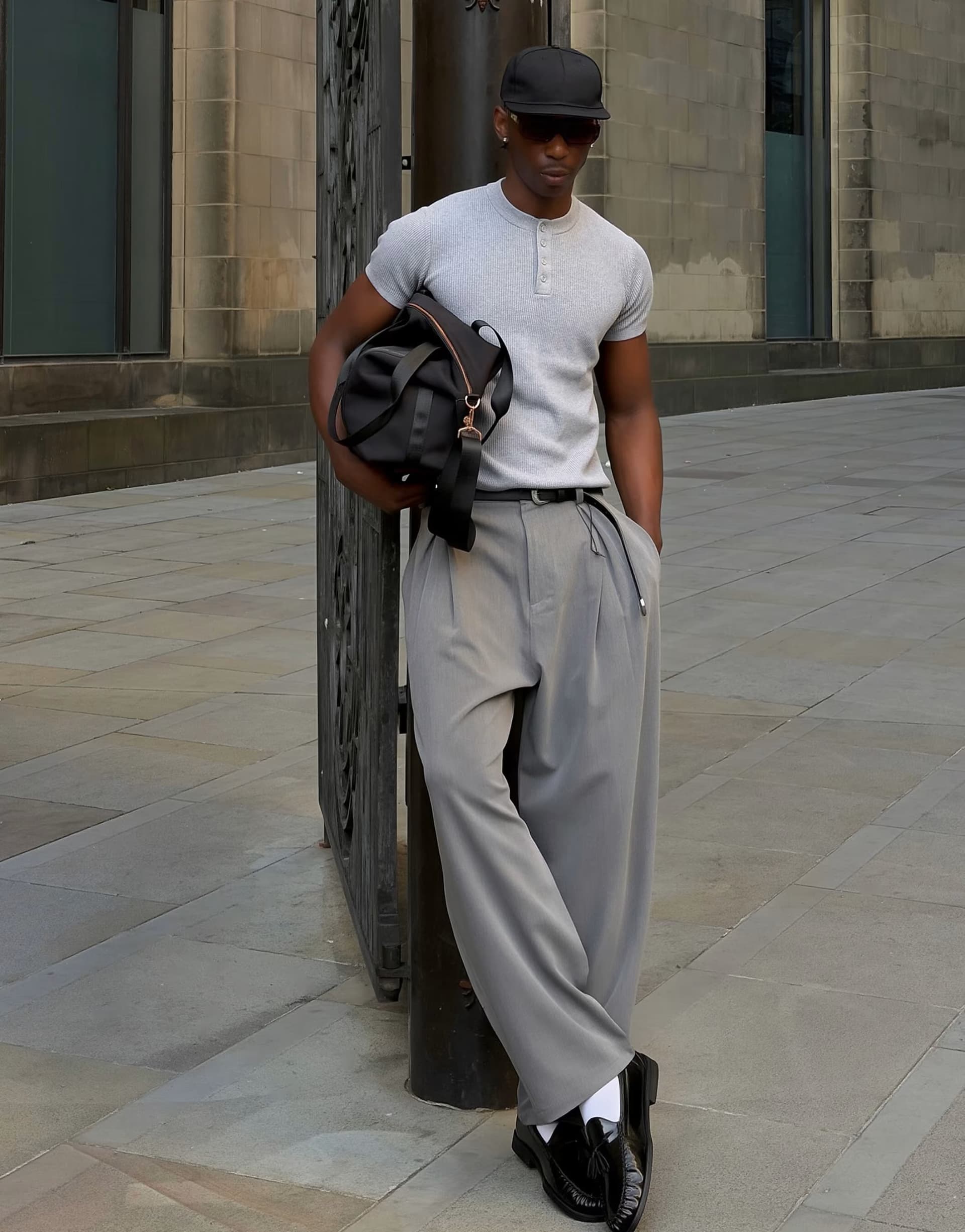 ASOS Bershka Pleated baggy trousers in light grey