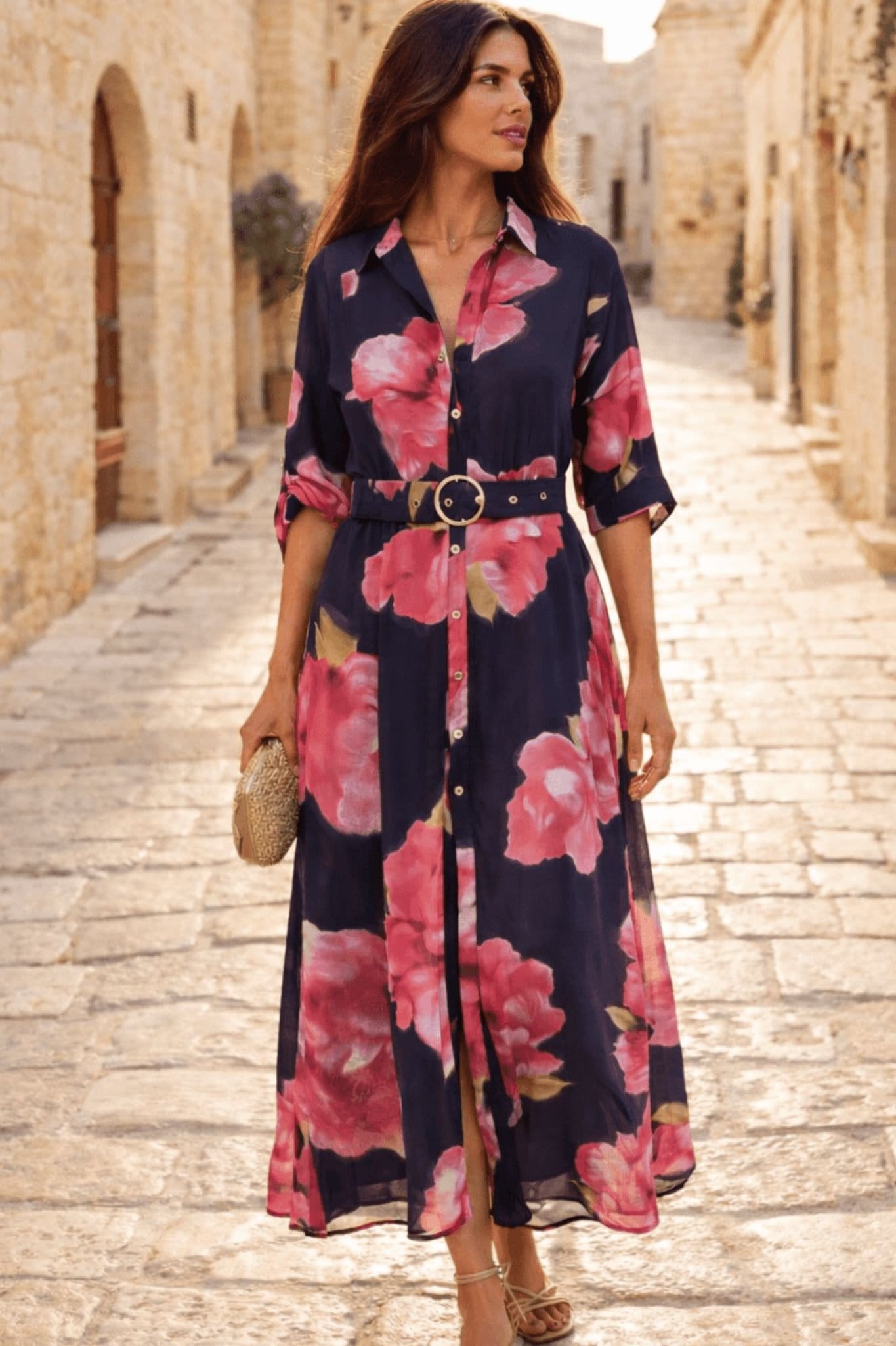 Style Cheat Navy Floral Belted Midi Shirt Dress