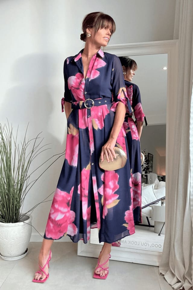 Style Cheat Style Cheat Women's Daphne Belted Midi Shirt Navy Floral Dress - 3
