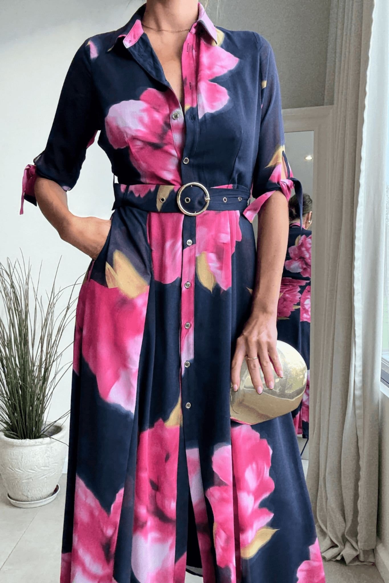 Style Cheat Style Cheat Women's Daphne Belted Midi Shirt Navy Floral Dress - 4