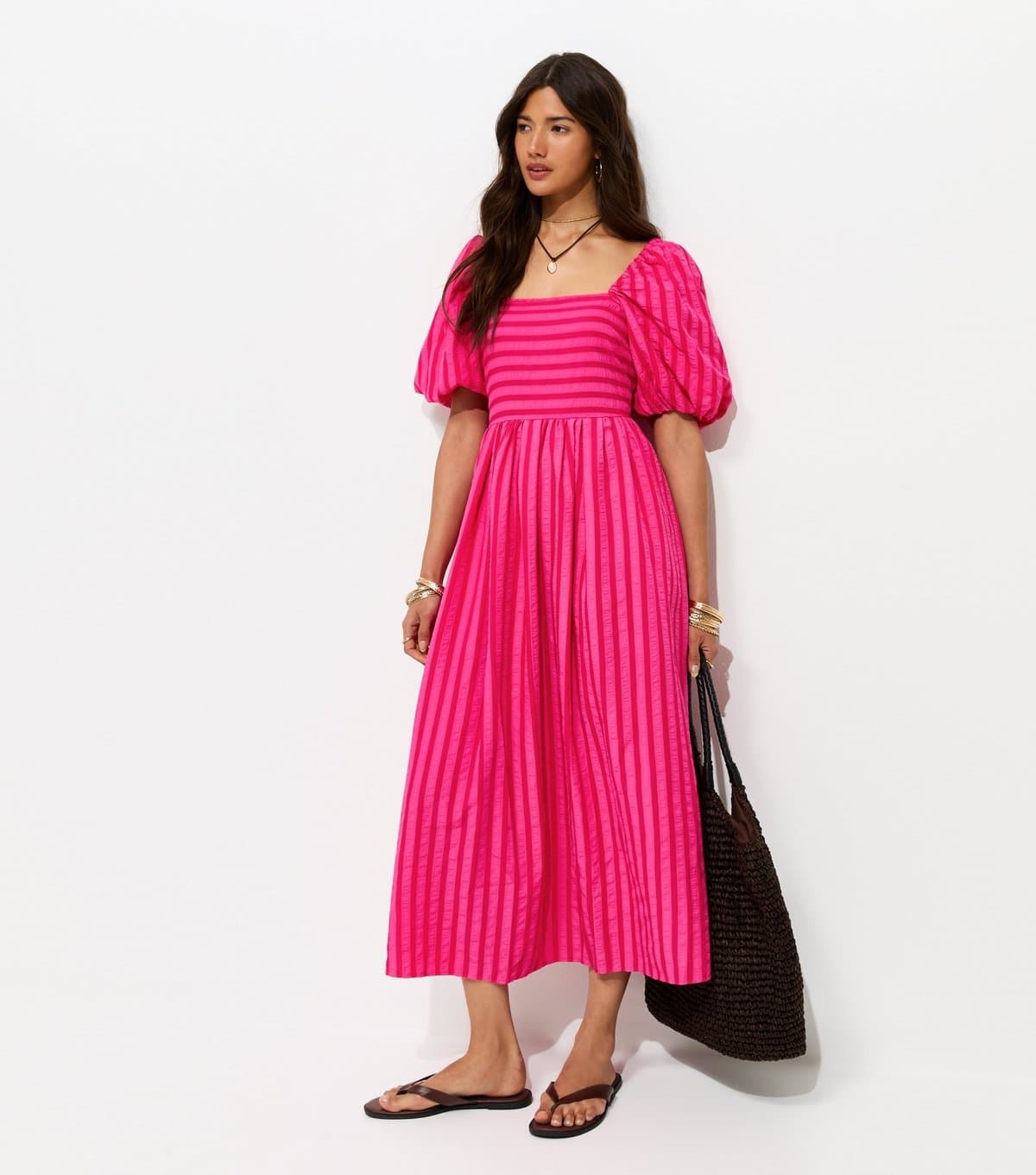 New Look Women's Dark Pink Puff Sleeve Striped Midi Dress New Look