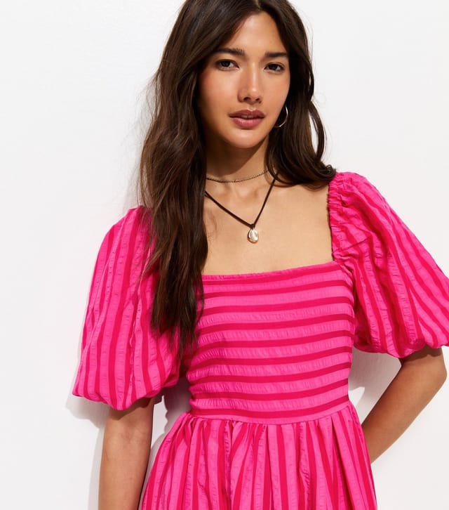 New Look Women's Dark Pink Puff Sleeve Striped Midi Dress New Look - 2