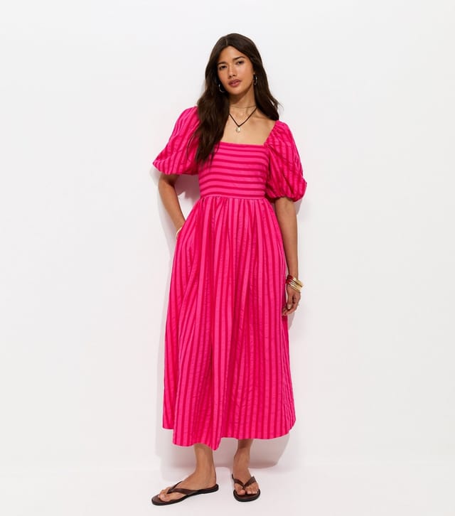 New Look Women's Dark Pink Puff Sleeve Striped Midi Dress New Look - 3