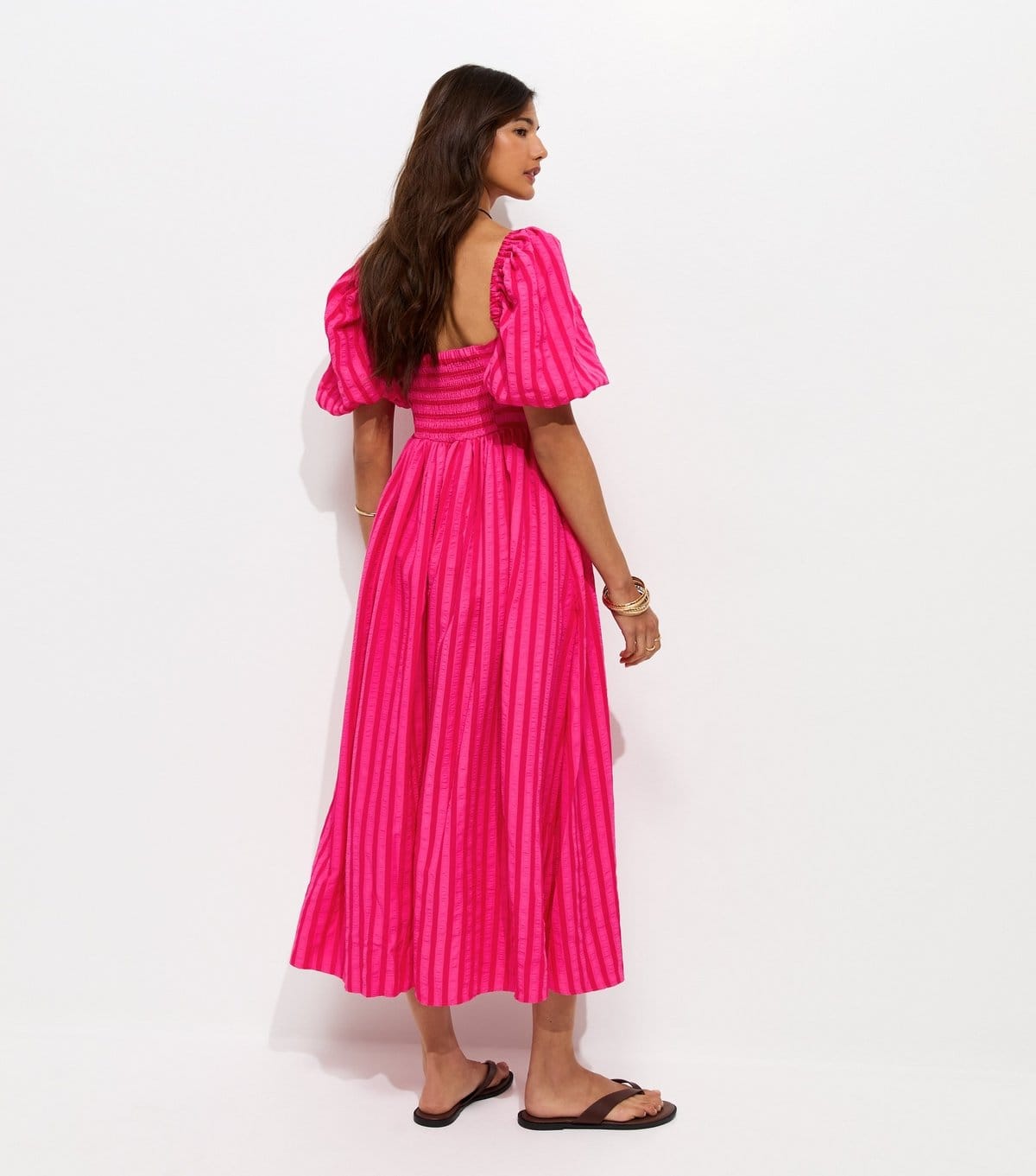 New Look Women's Dark Pink Puff Sleeve Striped Midi Dress New Look - 4