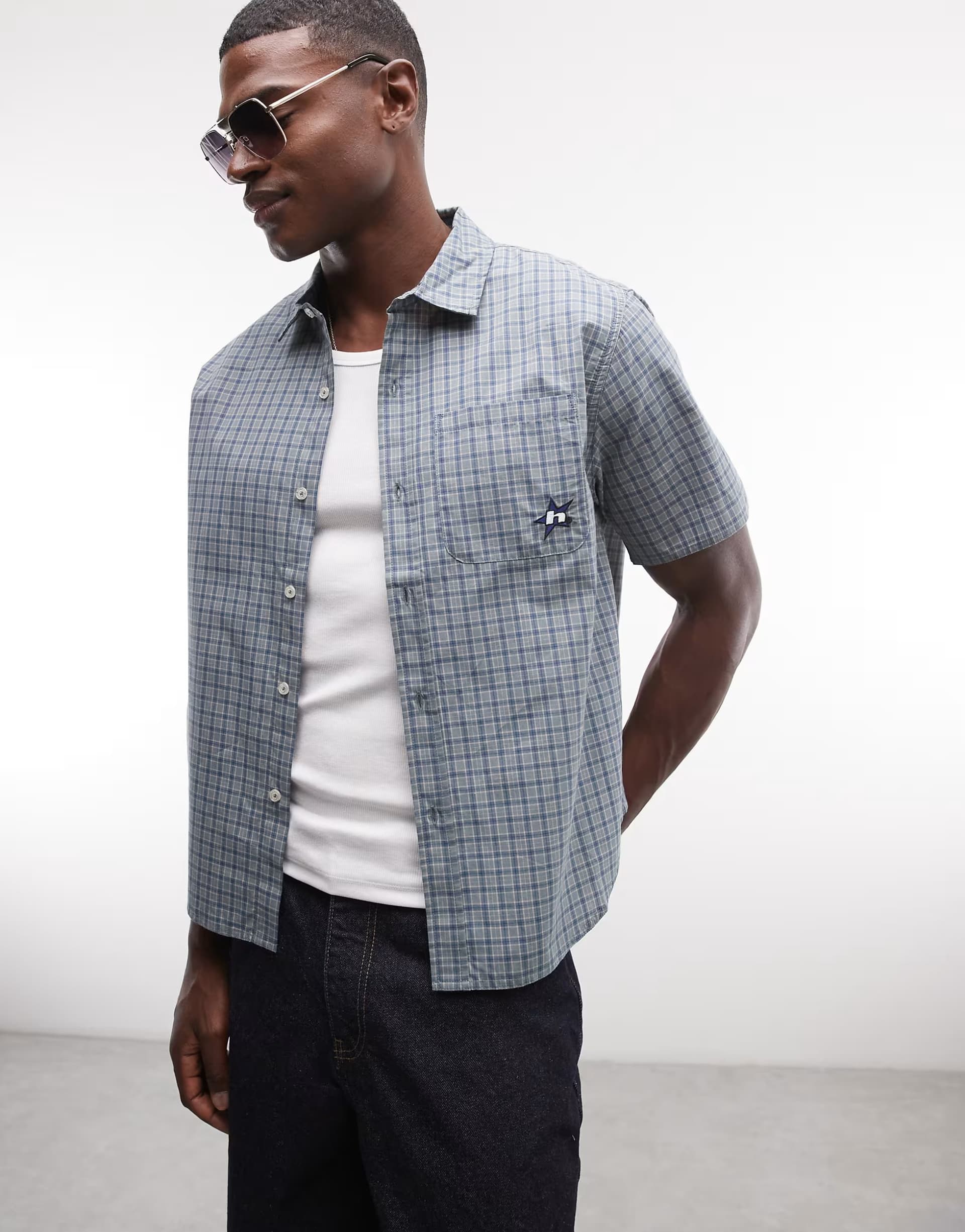 ASOS HUF star logo micro check shirt in green