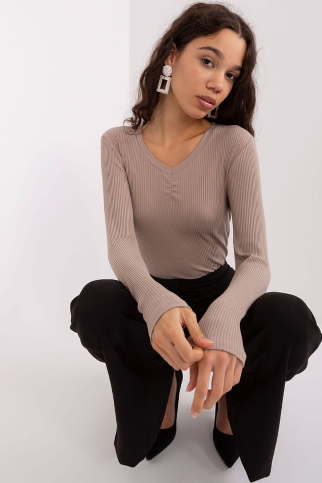 Love Lace Love Lace Women's Cotton Heart Neck Long Sleeve Blouse in Taupe - 2
