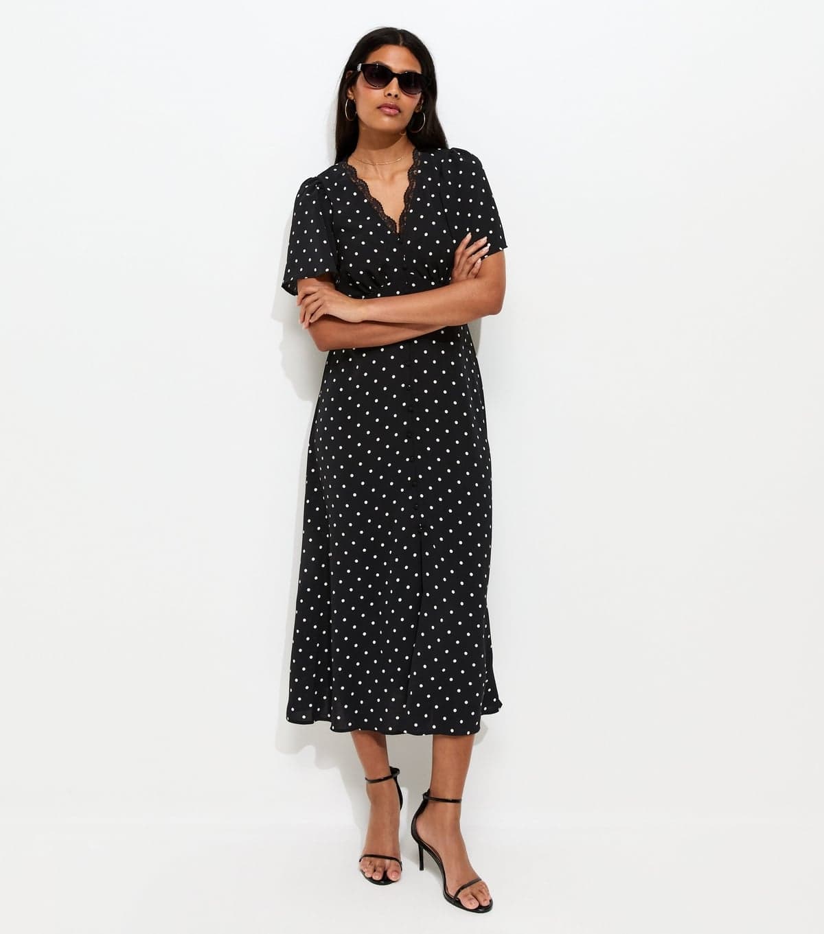 New Look Women's Black Spot Print Lace Trim V-Neck Button Detail Midi Dress New Look