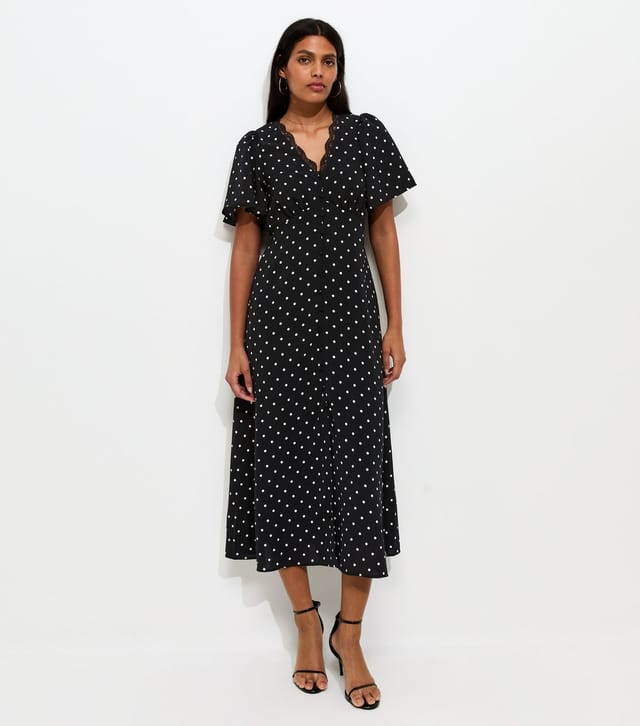 New Look Women's Black Spot Print Lace Trim V-Neck Button Detail Midi Dress New Look - 2