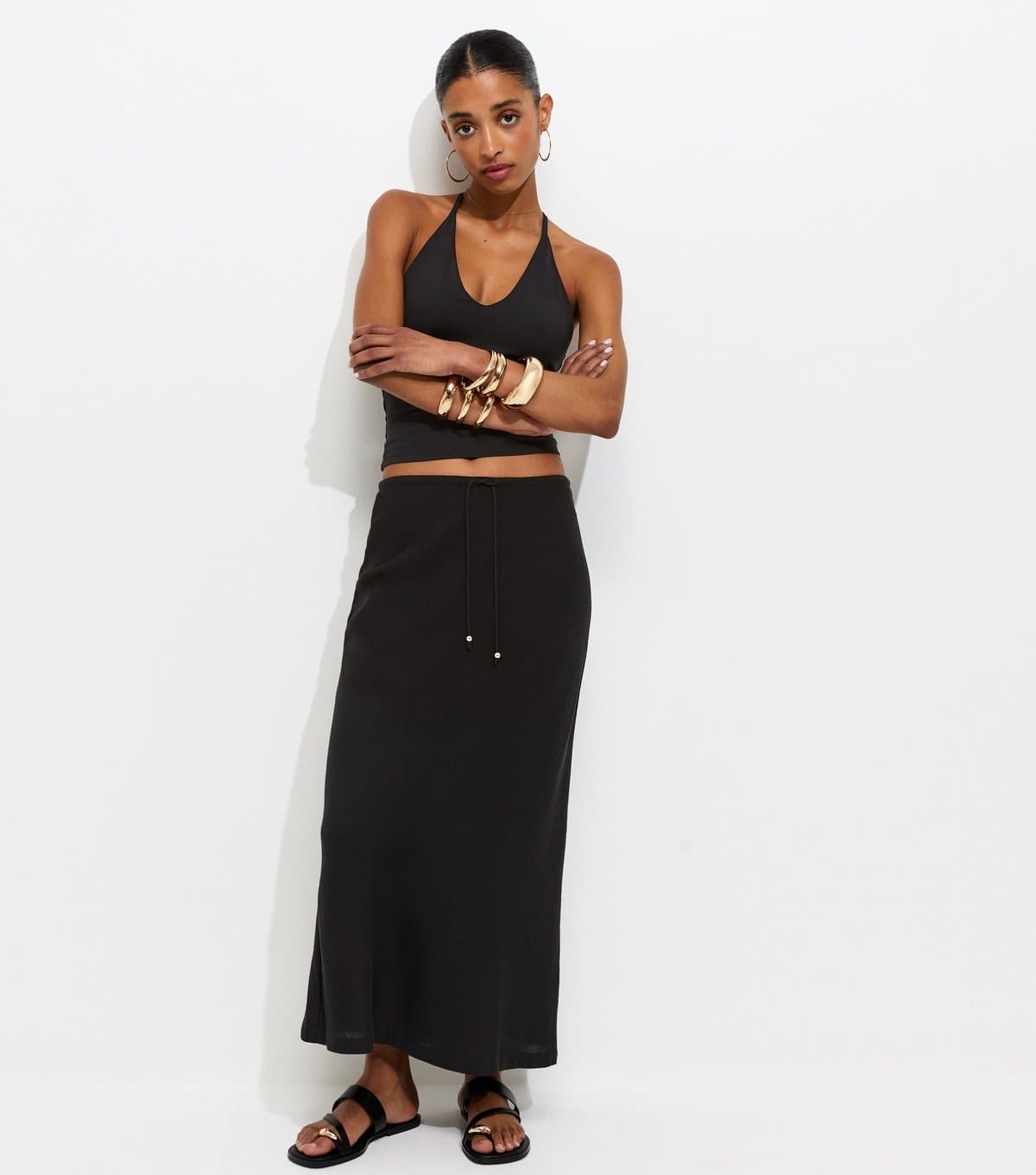 New Look Women's Black Linen Look Bias Cut Midi Skirt New Look