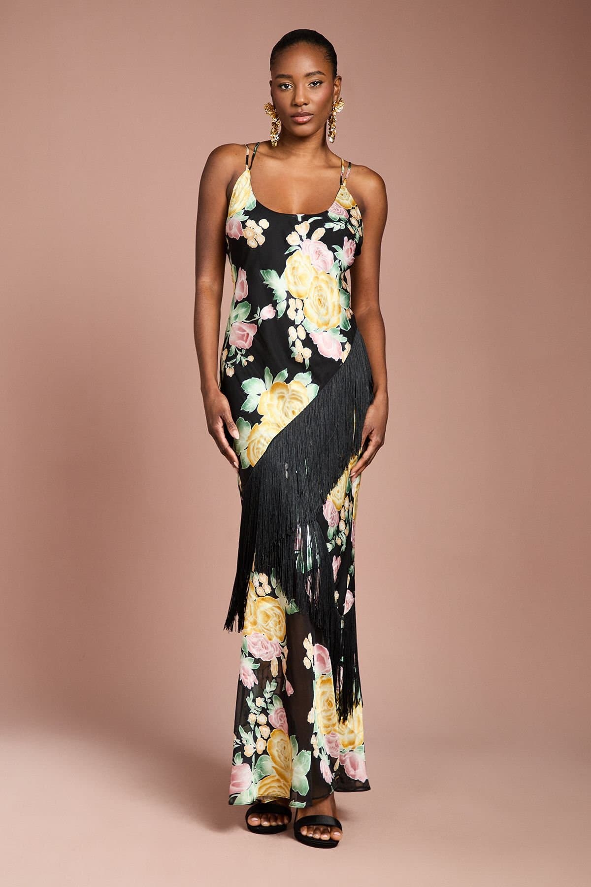 Coast Coast Women's Strappy Satin Jacquard Fringe Detail Maxi Dress in Black