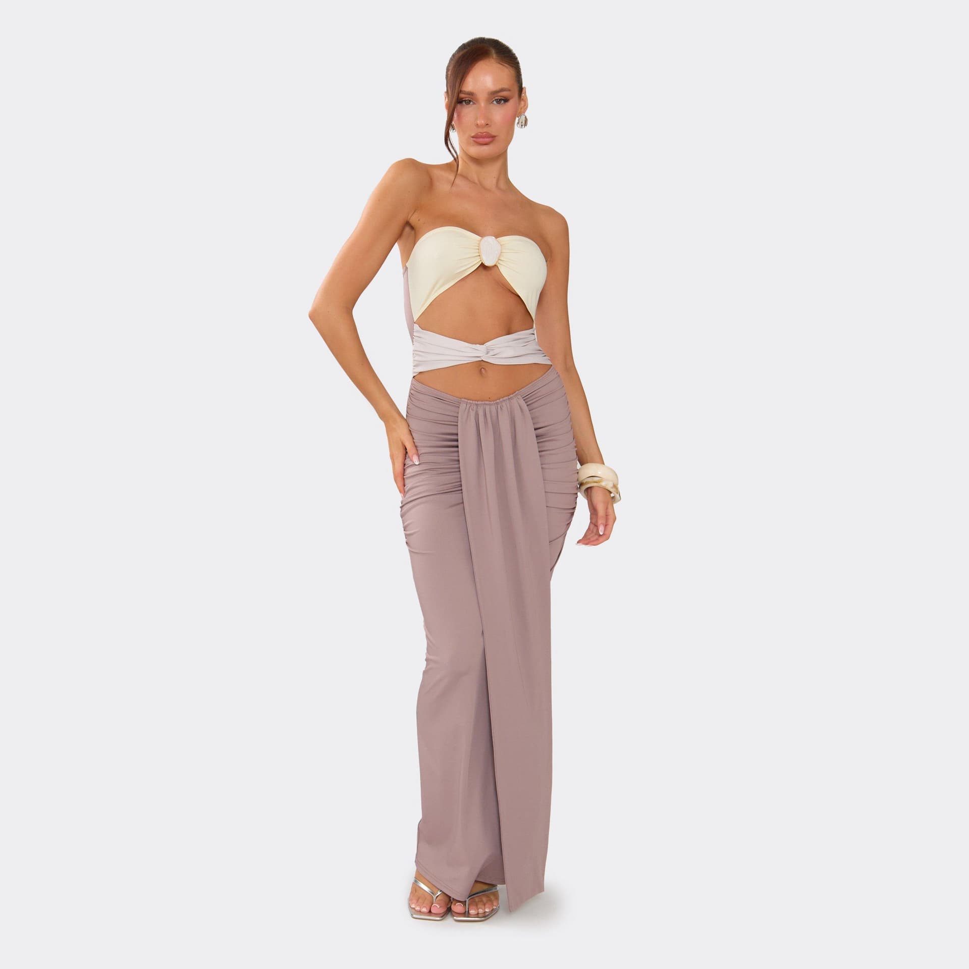 EGO Bandeau Cut Out Trim Detail Draped Maxi Dress In Brown, Women's Size UK 6