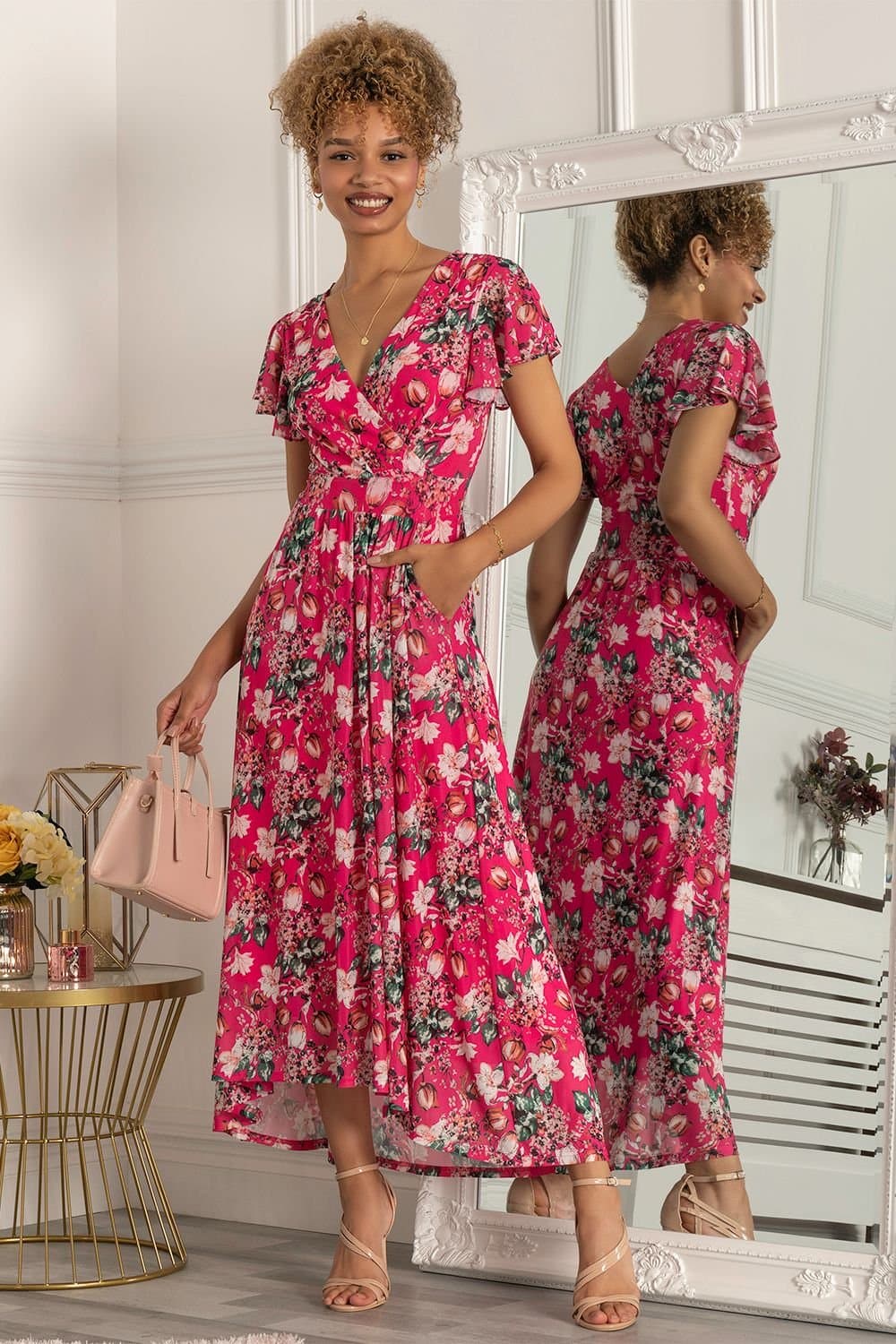 Jolie Moi Jolie Moi Women's Piper Dip Hem Mesh Maxi Dress in Bright Pink