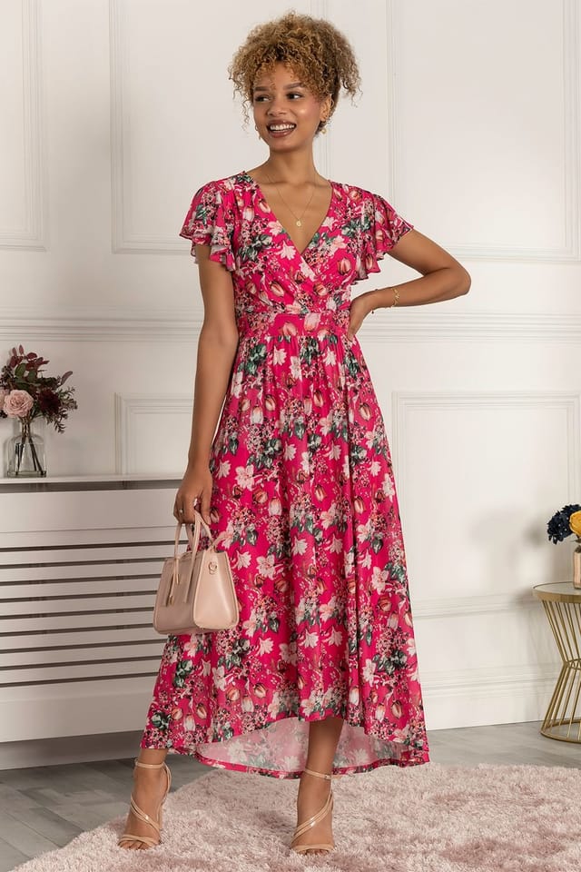 Jolie Moi Jolie Moi Women's Piper Dip Hem Mesh Maxi Dress in Bright Pink - 3