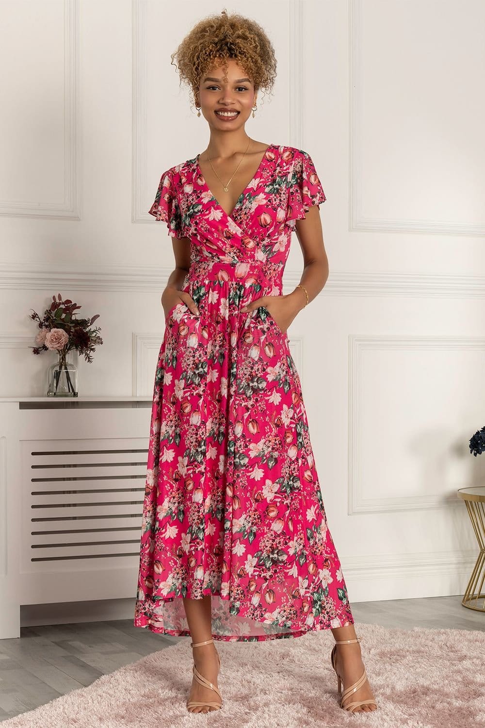 Jolie Moi Jolie Moi Women's Piper Dip Hem Mesh Maxi Dress in Bright Pink - 4