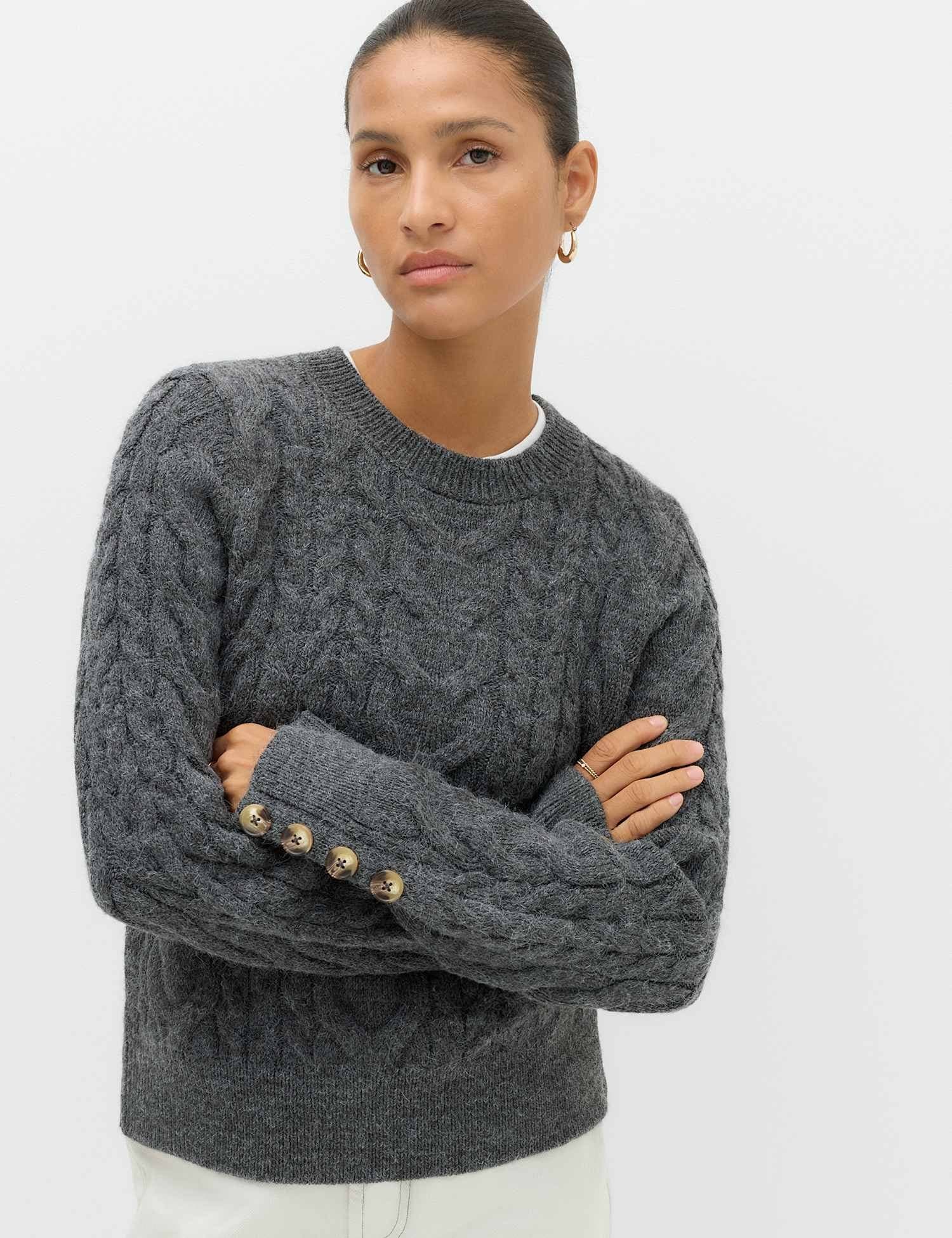Marks & Spencer M&S Crew Neck Cable Knit Button Detail Jumper Charcoal