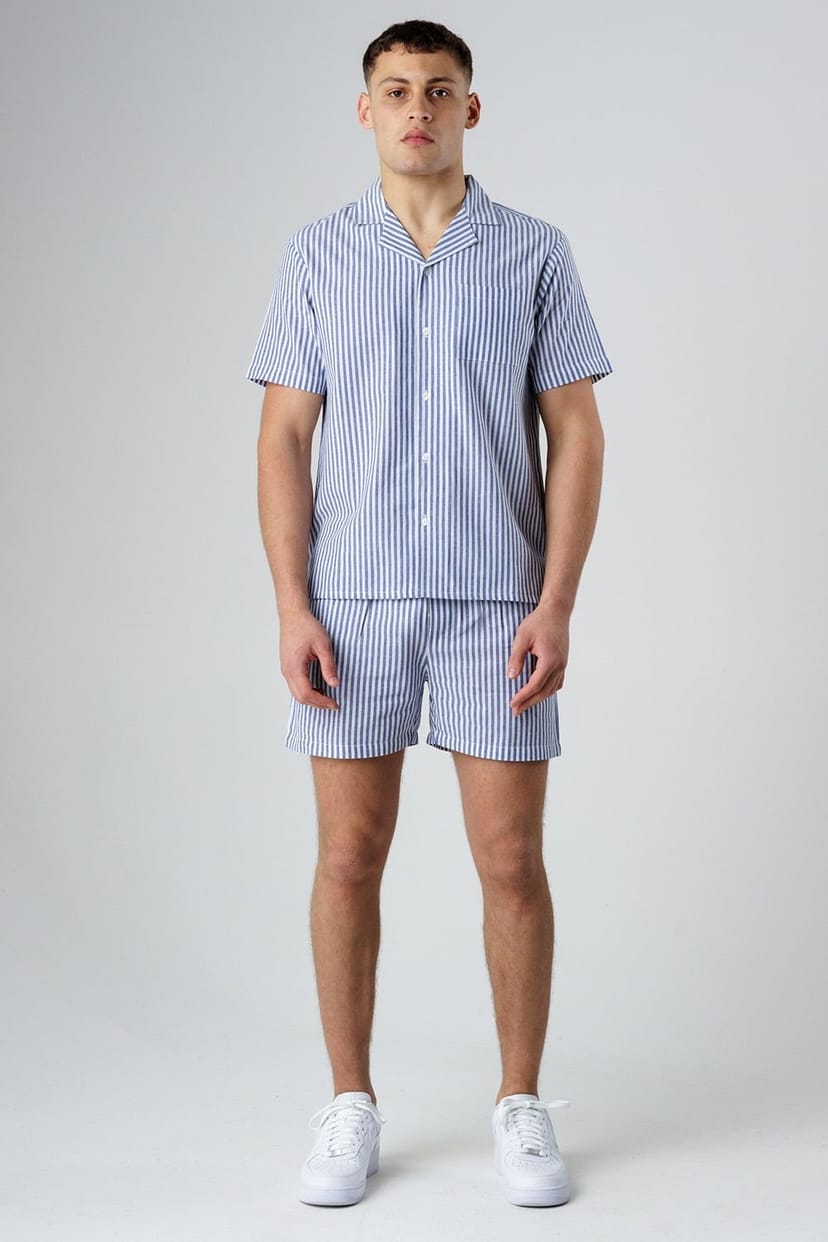 Influence Influence Men's Cotton Striped Elasticated Drawstring Shorts in Blue - 1