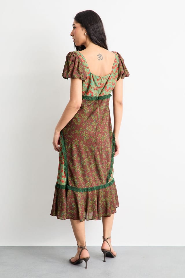 Warehouse Warehouse Women's Mixed Floral Georgette Lace Insert Tendril Hem Midi Tea Dress - 3