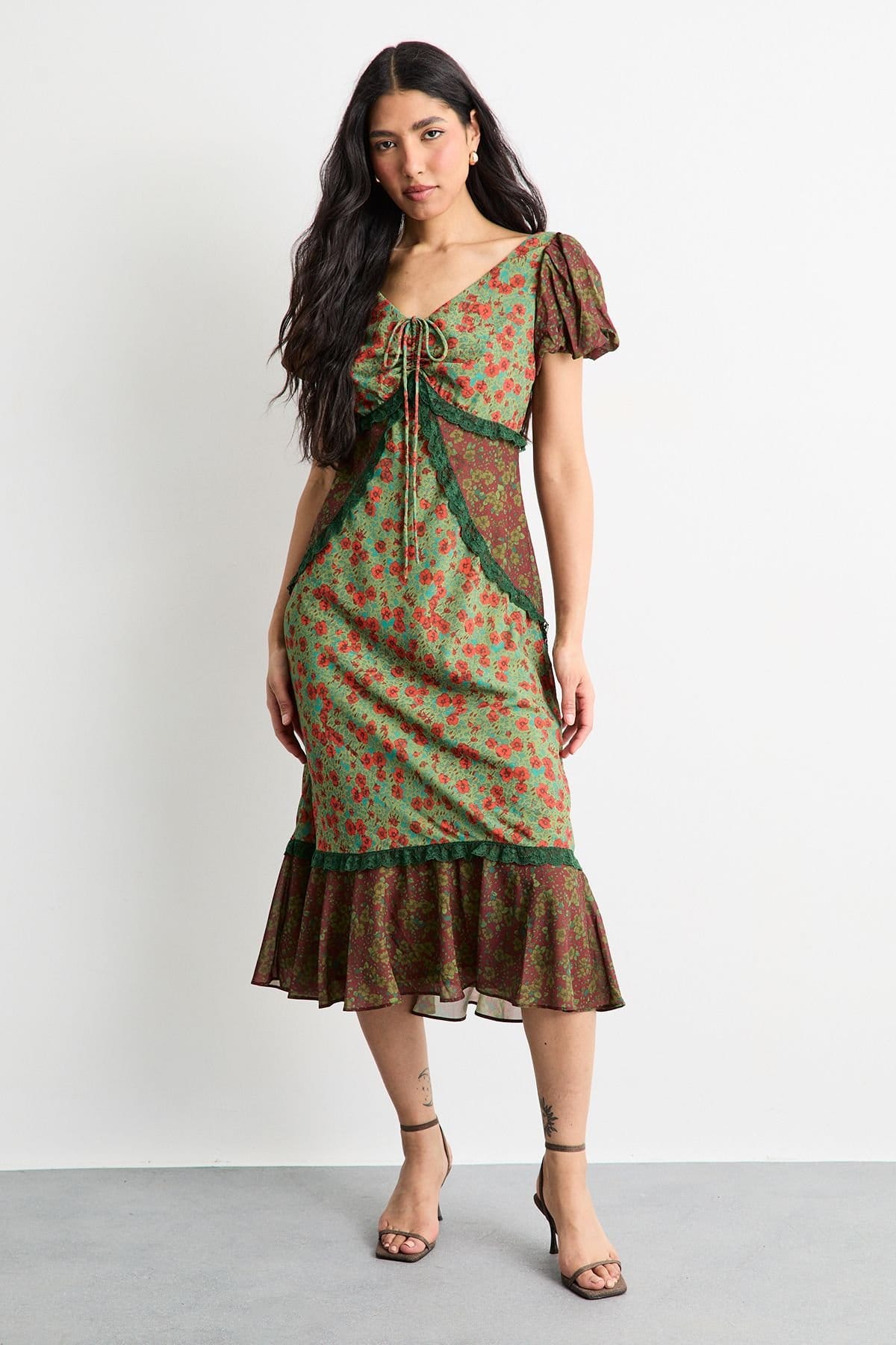 Warehouse Warehouse Women's Mixed Floral Georgette Lace Insert Tendril Hem Midi Tea Dress - 4