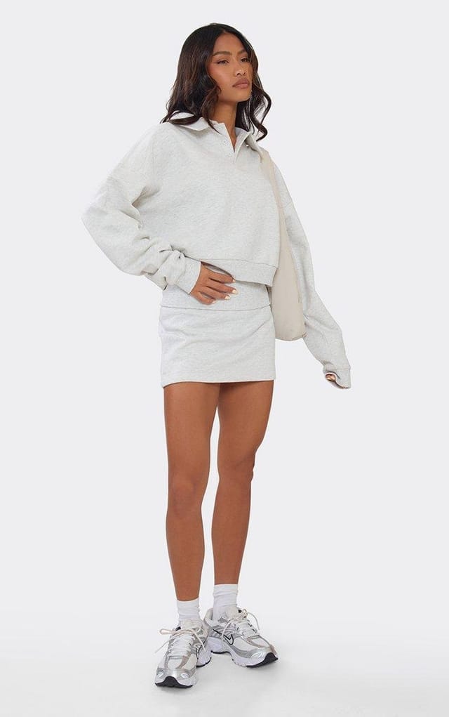 EGO Foldover Waist Detail Mini Sweat Skirt In Light Grey Marl, Women's Size UK 6 - 2