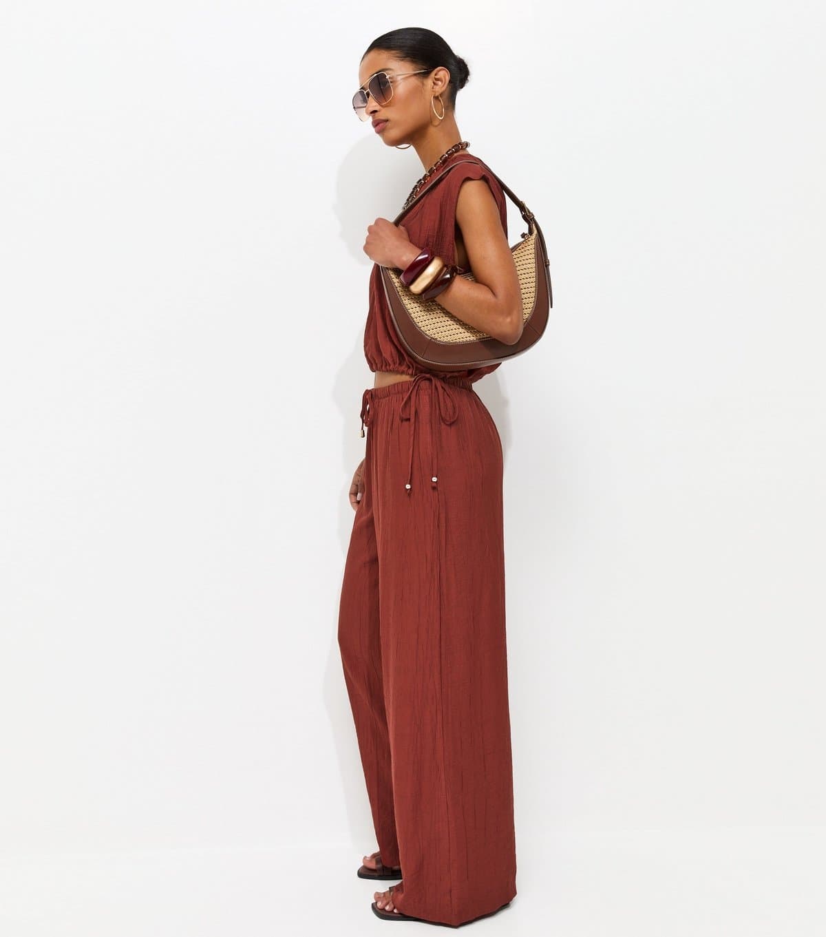 New Look Women's Rust Crinkle Wide Leg Trousers New Look