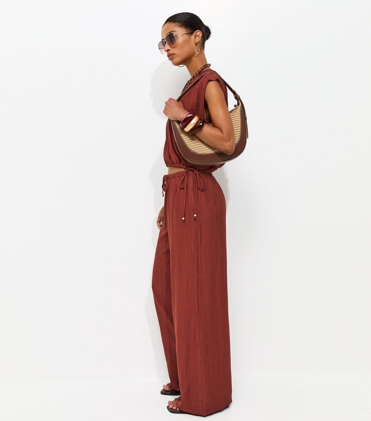 New Look Rust Crinkle Wide Leg Trousers