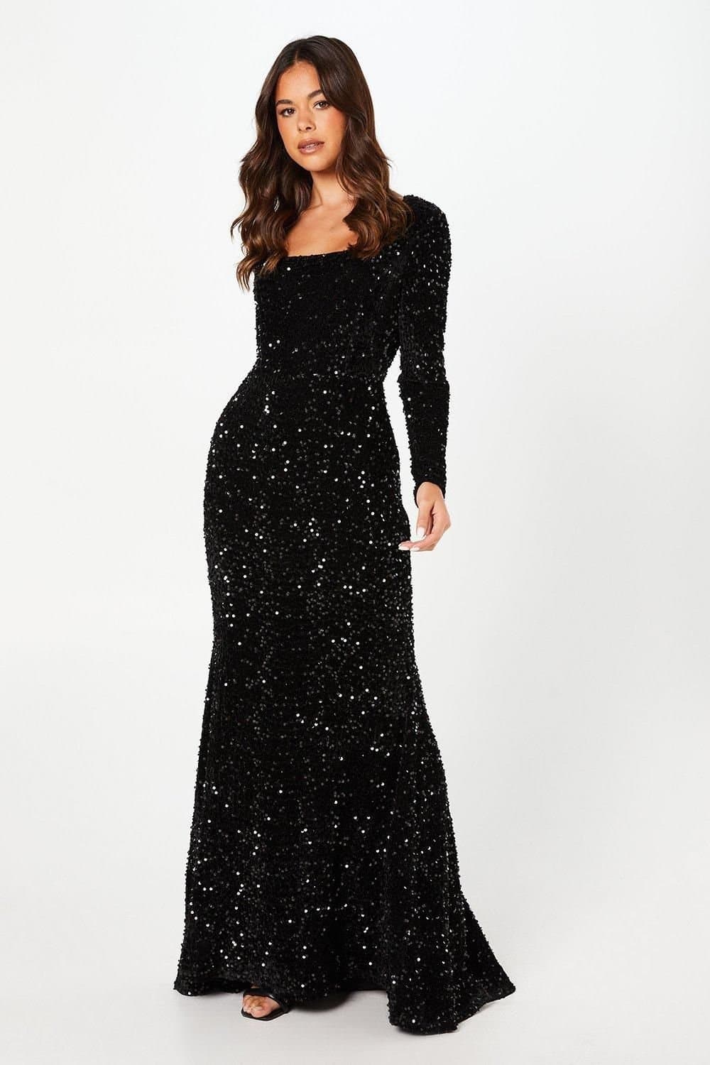 Coast Coast Women's Square Neck Velvet Sequin Long Sleeve Black Maxi Dress