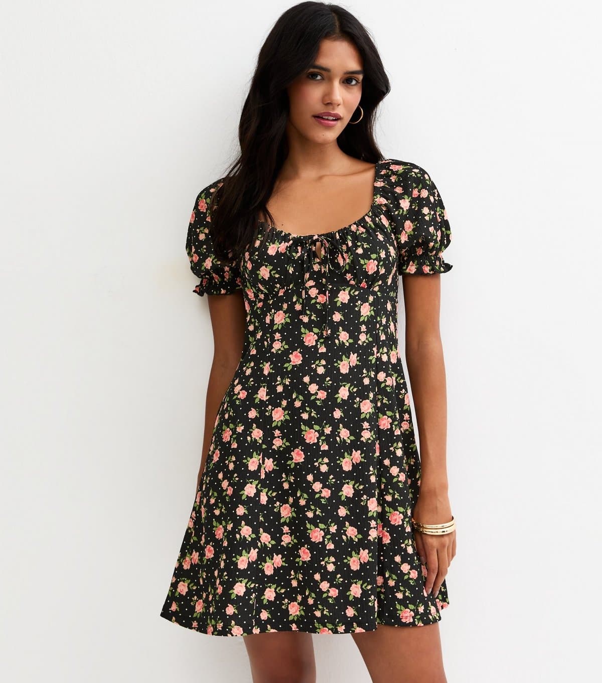 New Look Women's Black Floral Ruched Bodice Mini Dress New Look