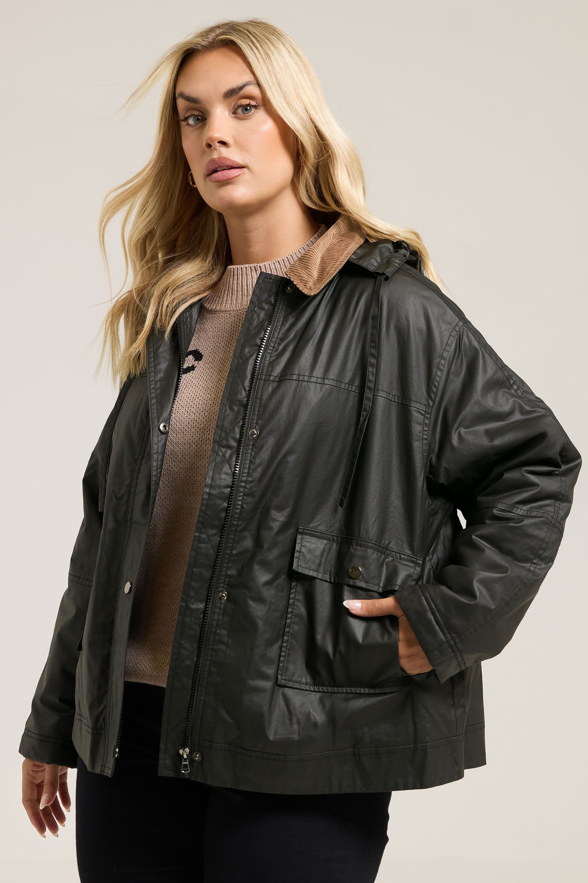 Yours Plus Size Black Waxed Parka Jacket