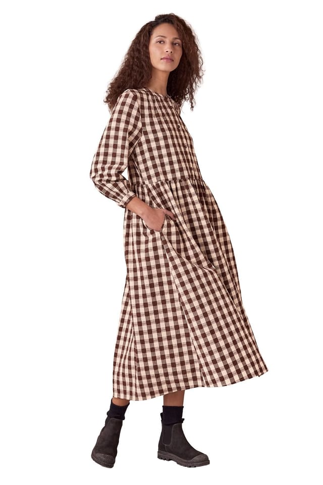 Celtic & Co Celtic & Co Women's Collarless Gingham Midi Dress in Chocolate - 3