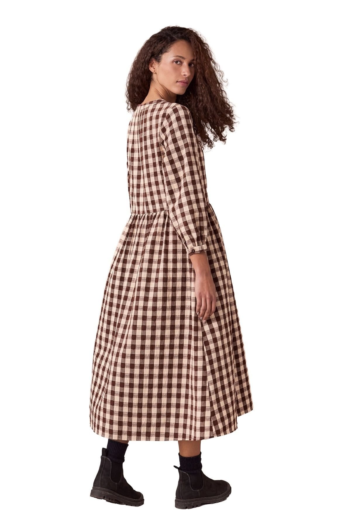 Celtic & Co Celtic & Co Women's Collarless Gingham Midi Dress in Chocolate - 4