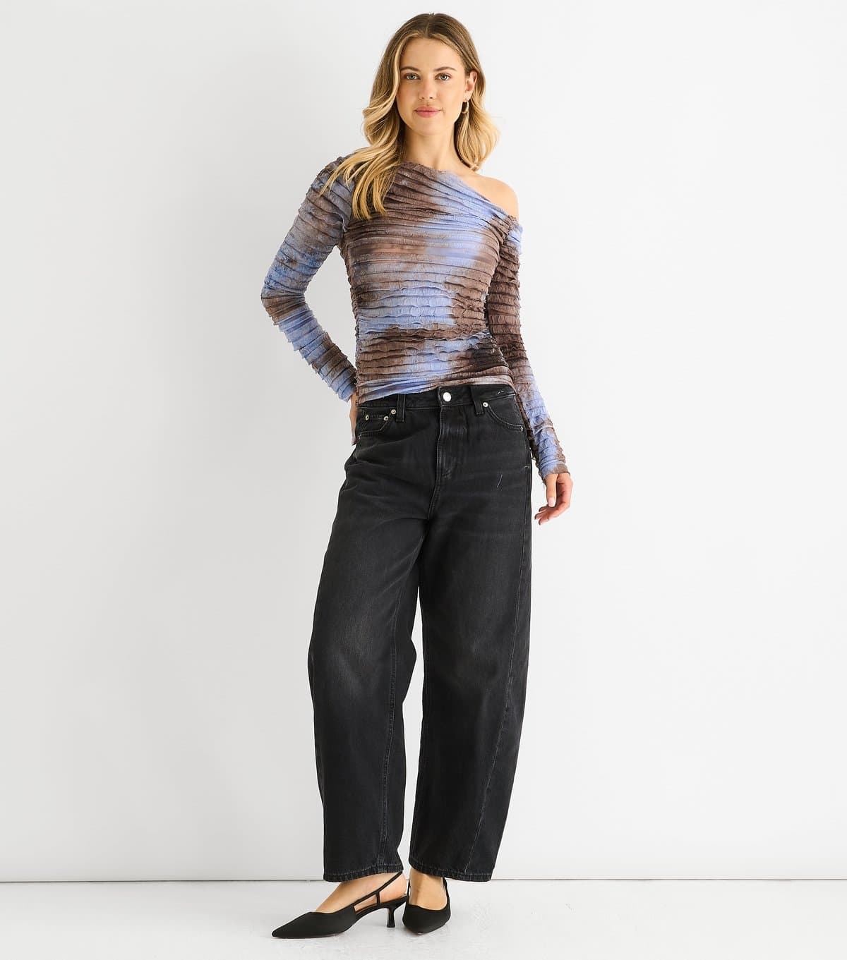 Gini London Women's Tan and Blue Tie Dye One Shoulder Top Gini London New Look