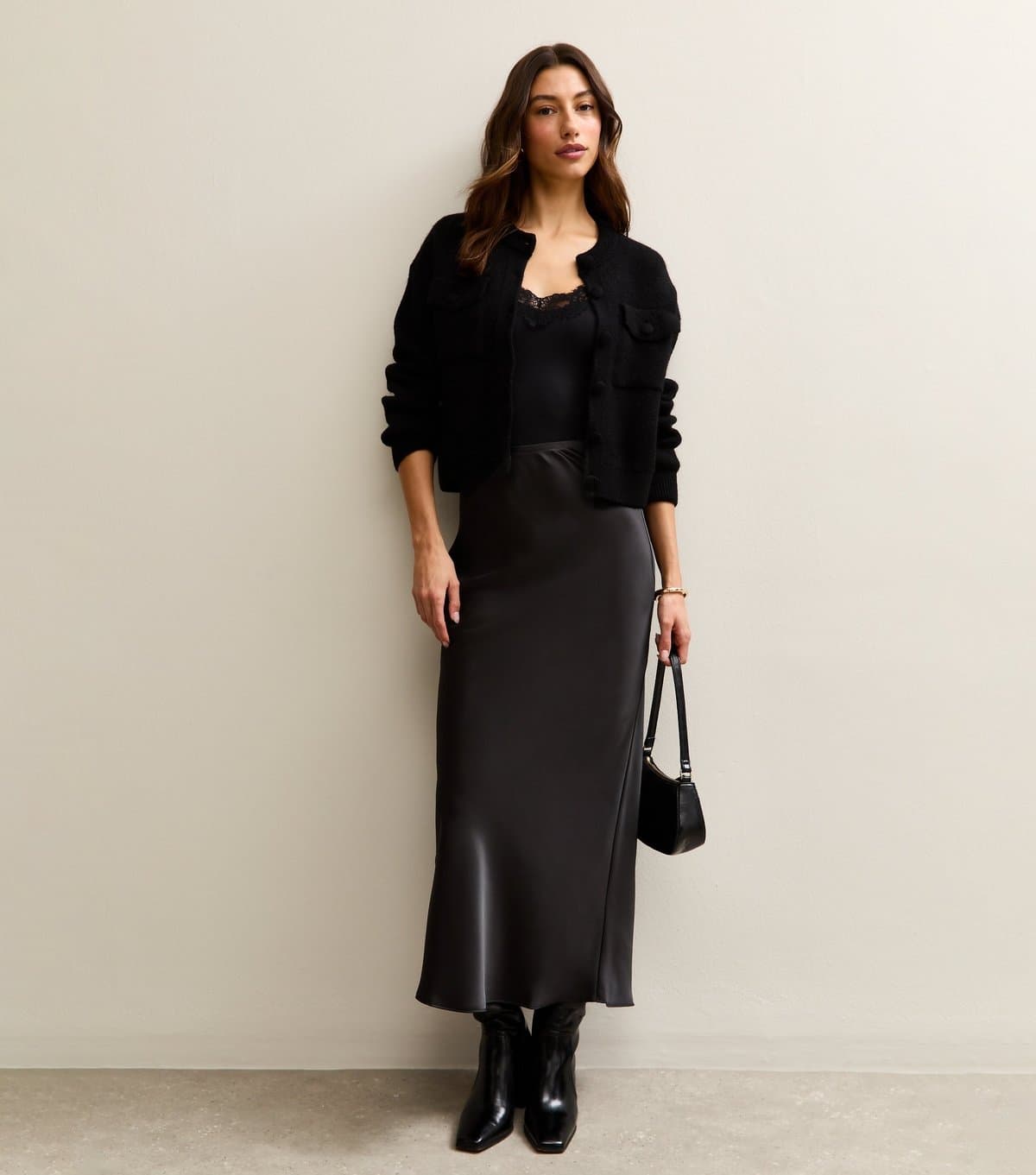 New Look Women's Tall Black Satin Midi Skirt New Look