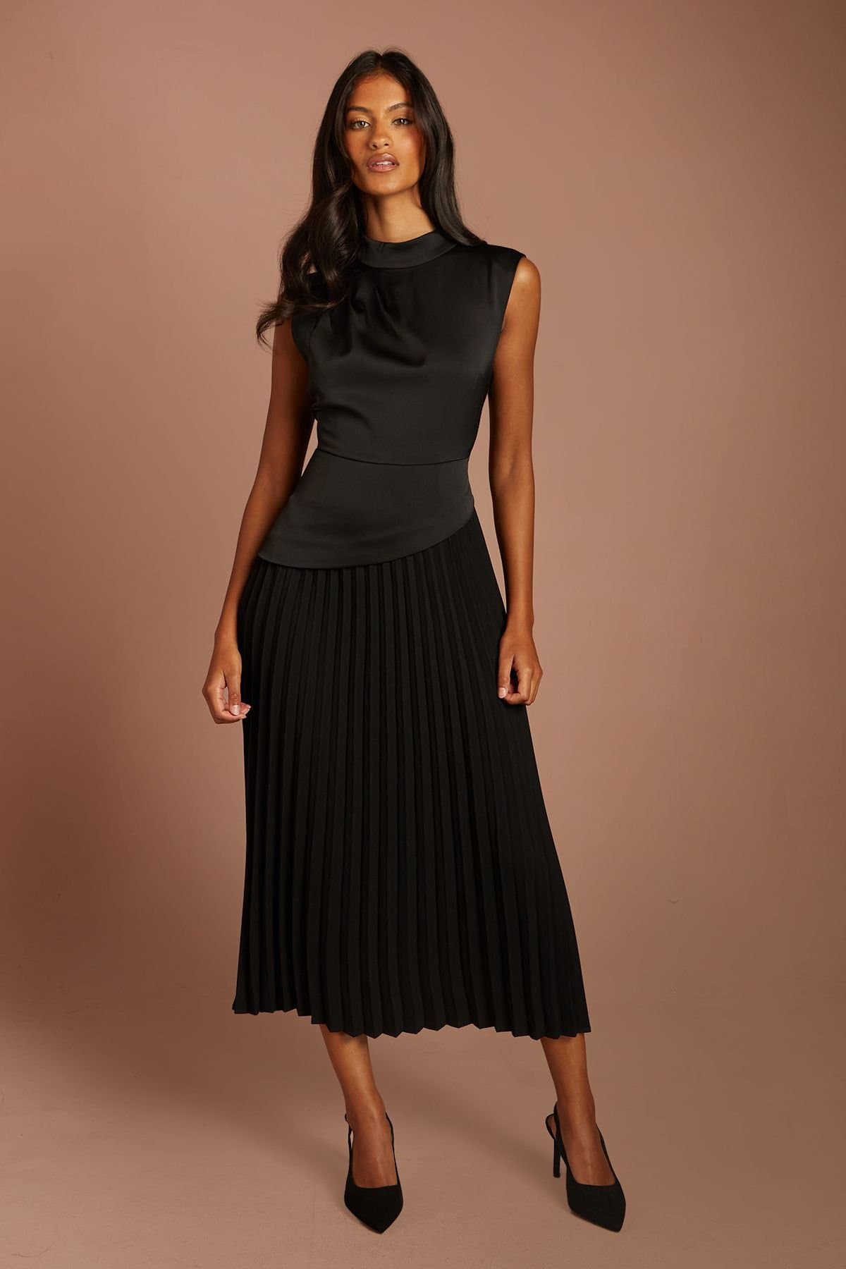 Coast Coast Women's Petite Drape High Neck Pleated Skirt Midi Dress in Black