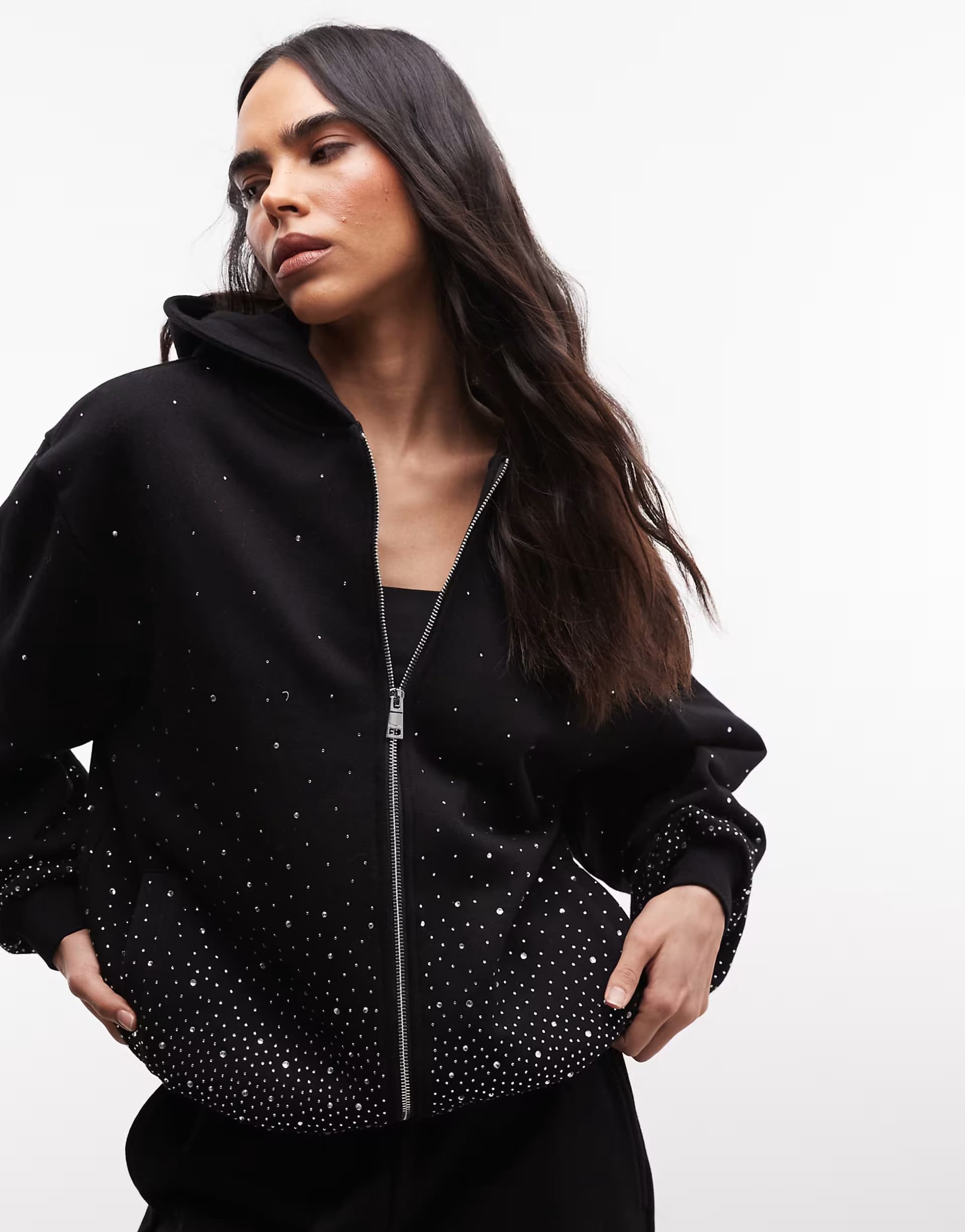 ASOS Cernucci rhinestone embellished oversized zip through hoodie co-ord in black