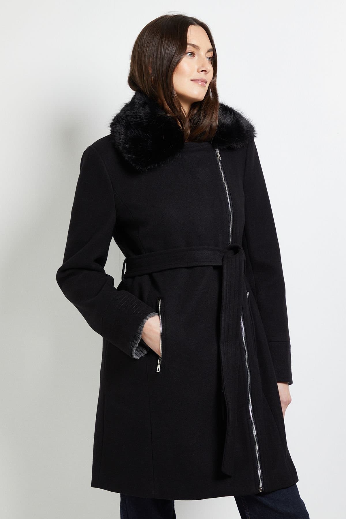 Wallis Wallis Women's Principles by Faux Fur Collar Coat in Black