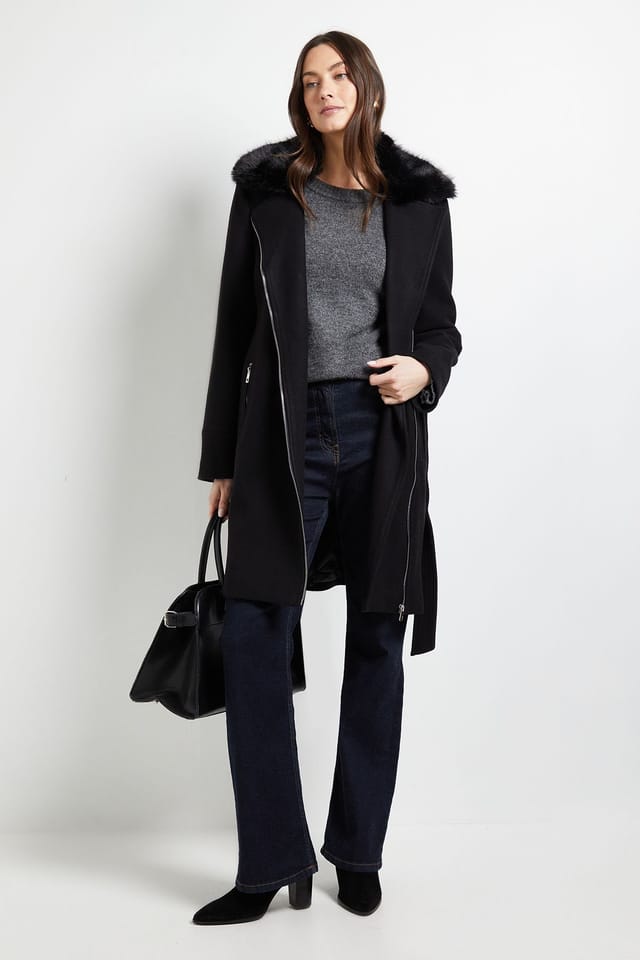 Wallis Wallis Women's Principles by Faux Fur Collar Coat in Black - 2