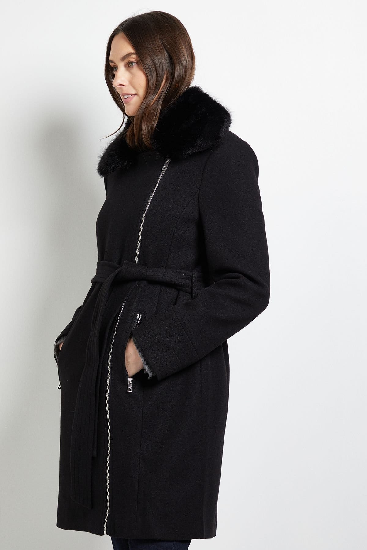 Wallis Wallis Women's Principles by Faux Fur Collar Coat in Black - 4