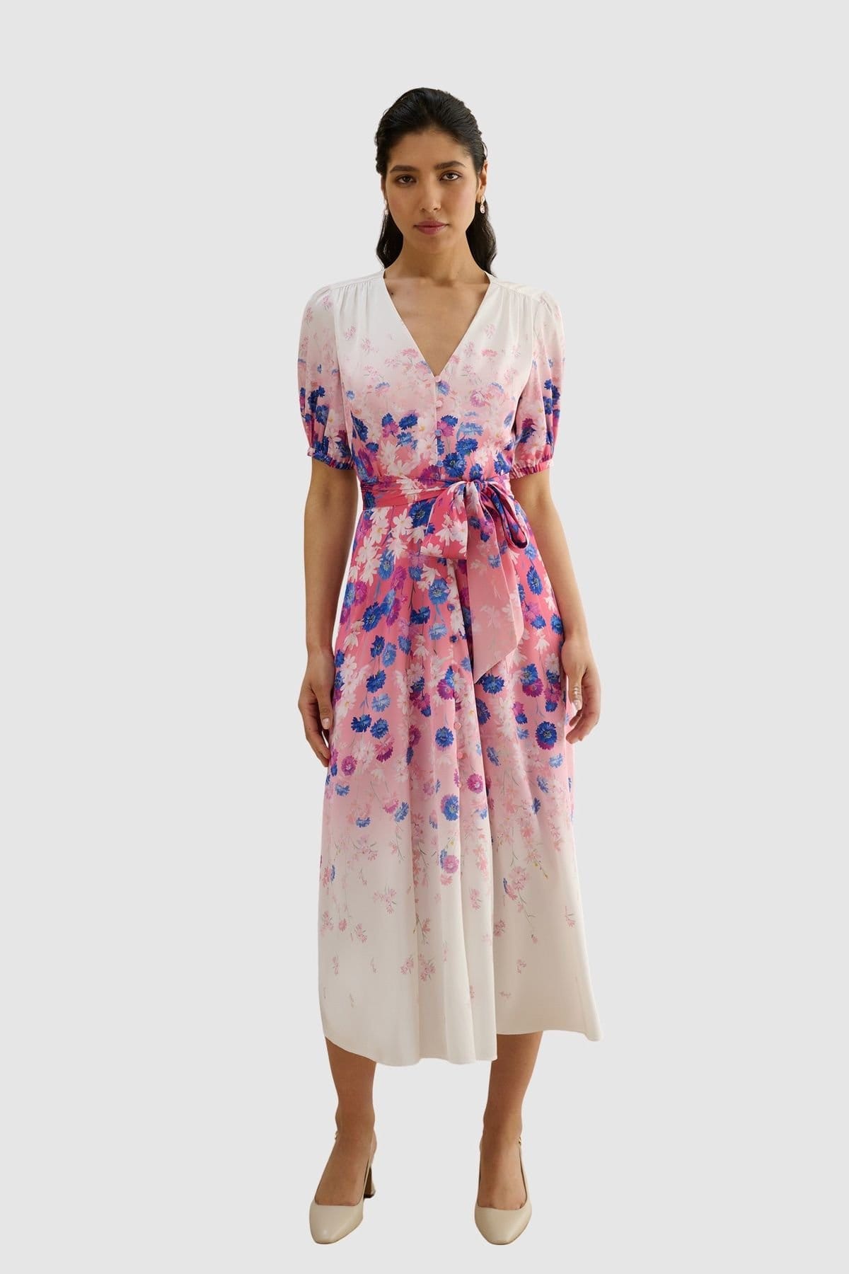 Hobbs London Bright Pink Floral Wrap Midi Dress